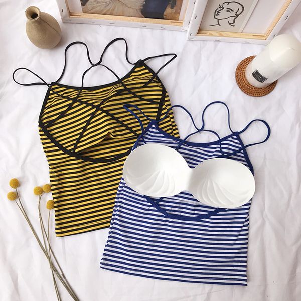 

girls hollow-out short striped camis with seperated pads women backless padding tanks crop for female, White