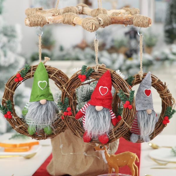 

rattan christmas wreath with 4 plush dolls front door garland holiday hanging pendant ornaments for home kitchen wall window