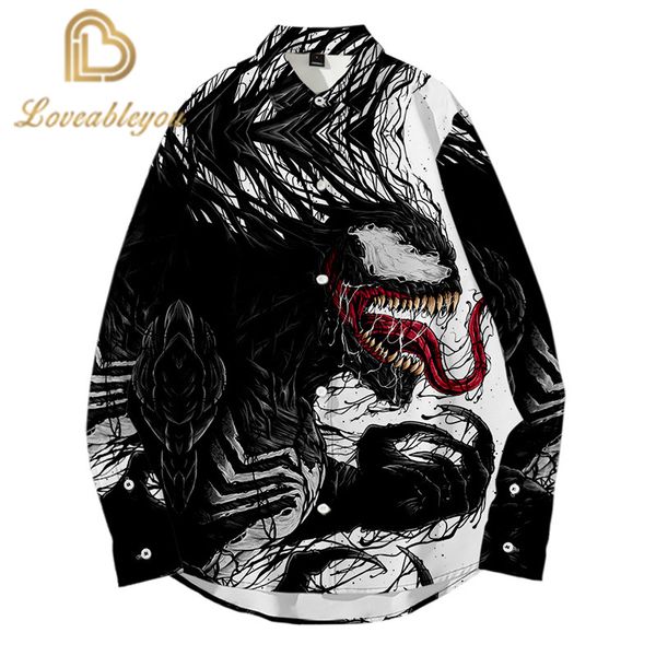 

autumn men shirts casual slim fit venom streetwear splicing leisure printing shirt lapel button up shirt long sleeve, White;black