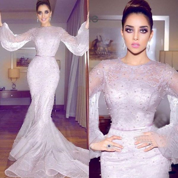 

arabic mermaid formal dresses evening wear long sleeve full lace pearls prom gowns plus size prom dresses long bwlf14, Black;red