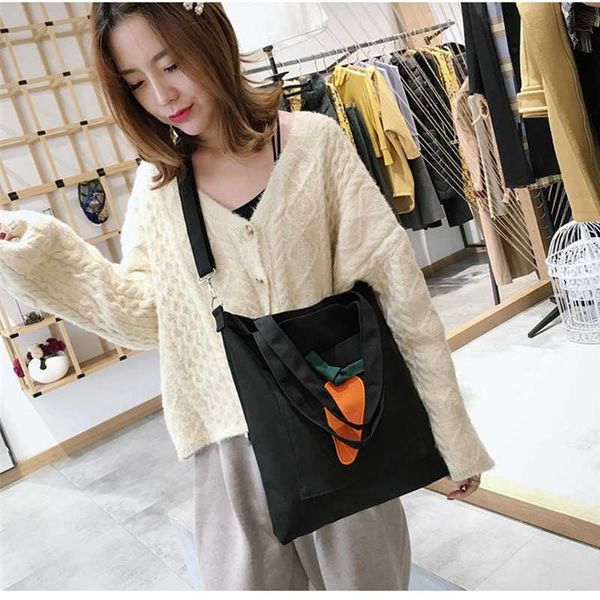 

beauty carrot pattern eco shopping bag for woman preppy style single shoulder canvas cloth bag black yellow school book
