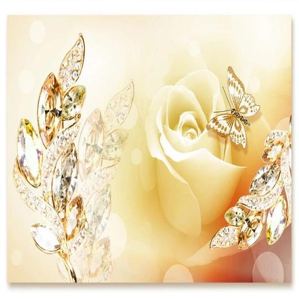 

wallpapers 3d stereoscopic wallpaper golden rose crystal leaves stereo jewelry tv background wall