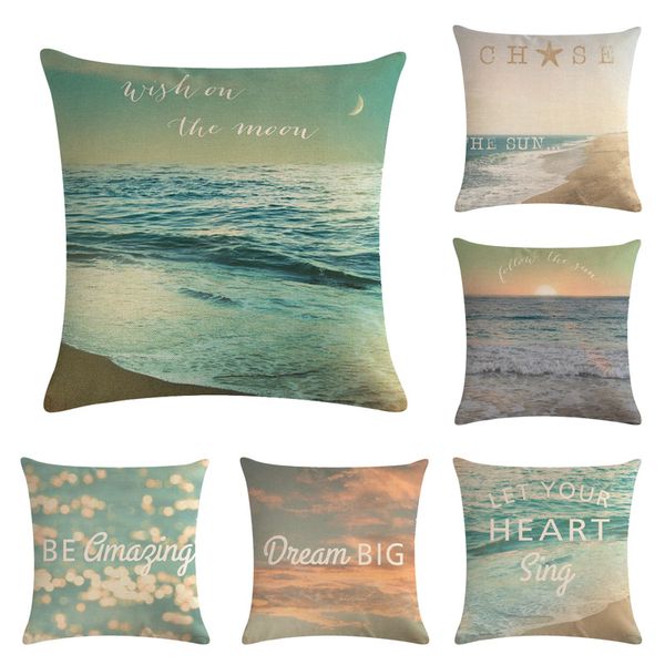 Seaside Linen Cushion Cover Letters Print Sunset Scenery