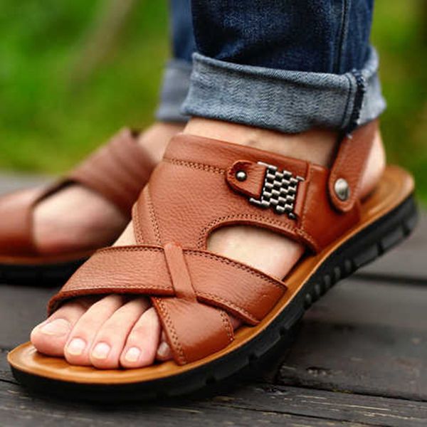 

big size 48 men genuine leather sandals summer classic men shoes slippers soft sandals roman comfortable walking footwear, Black