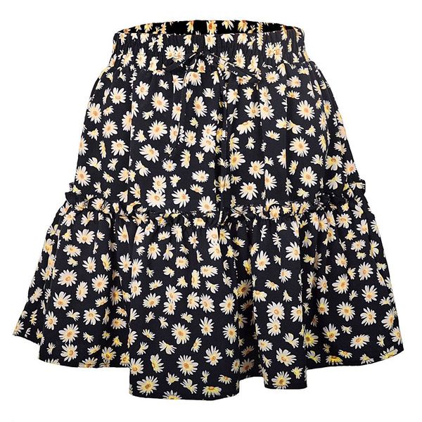 

summer women's floral short skirt small daisy print pleated skirt cute sweet short, Black
