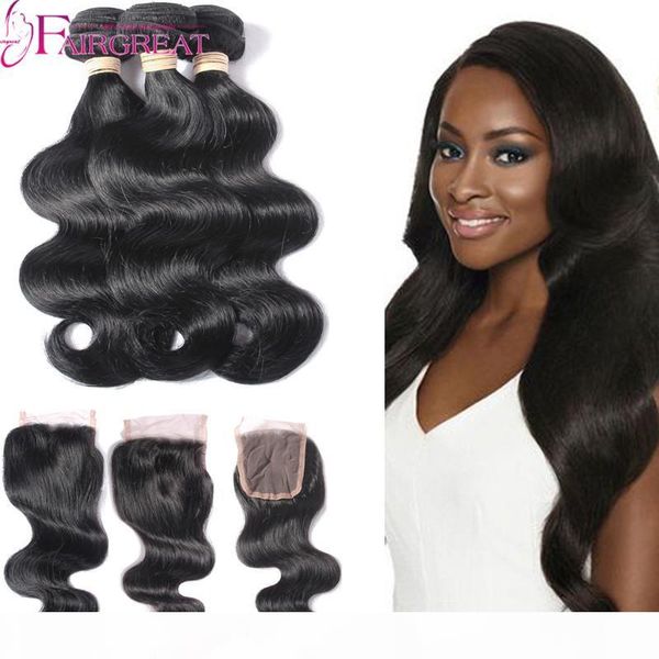 

brazilian virgin hair body wave with closure 3pc body wave human hair bundles with closure unprocessed wavy hair with closure, Black