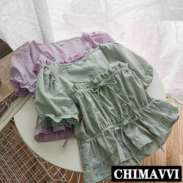 

new vintage plaid short рубашка женщины 2020 лето с коротким рукавом тонкий блуза девушки сладкие укороченные топы, White