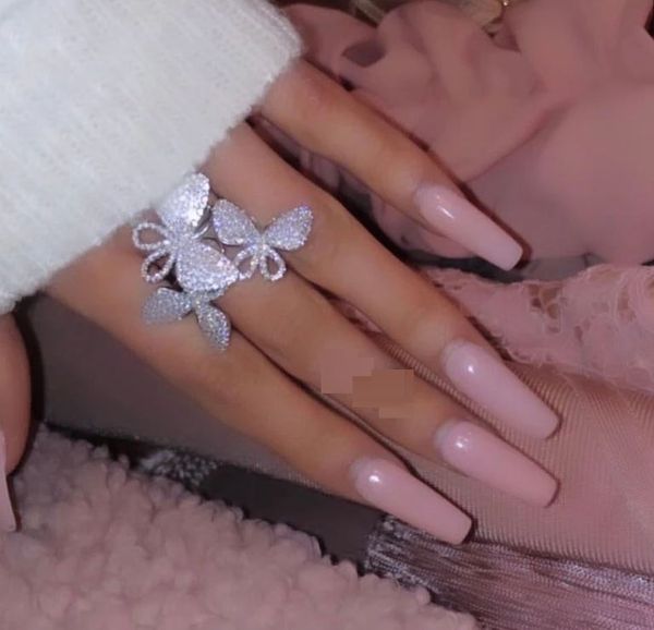 

silver white rose pink cubic zirconia micro pave cz 3 pcs butterfly big women finger rings 2020 new, Golden;silver