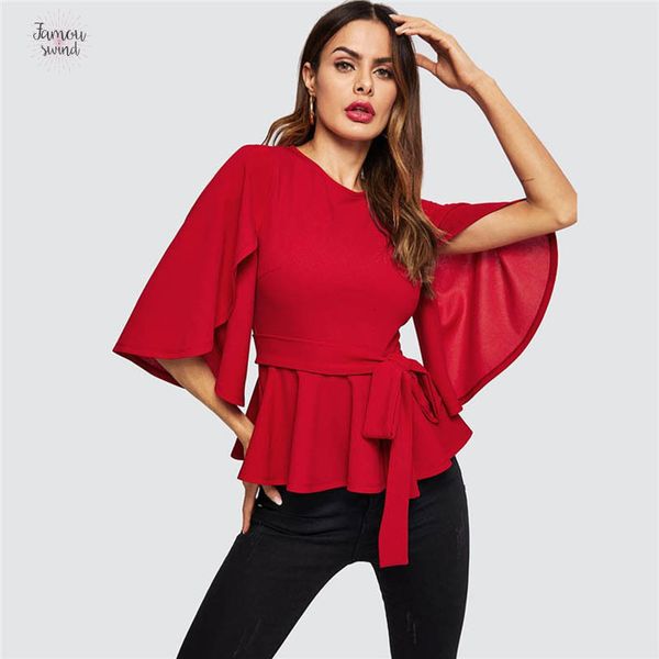 

блузы красного split flared рукав belted баска solid top женщина весна блуза управление леди zipper назад элегантный workwear, White