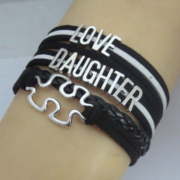 

fashion infinity pitfall bracelets black leather rope bracelet love daughter bracelet charm girl's jewelry, Golden;silver