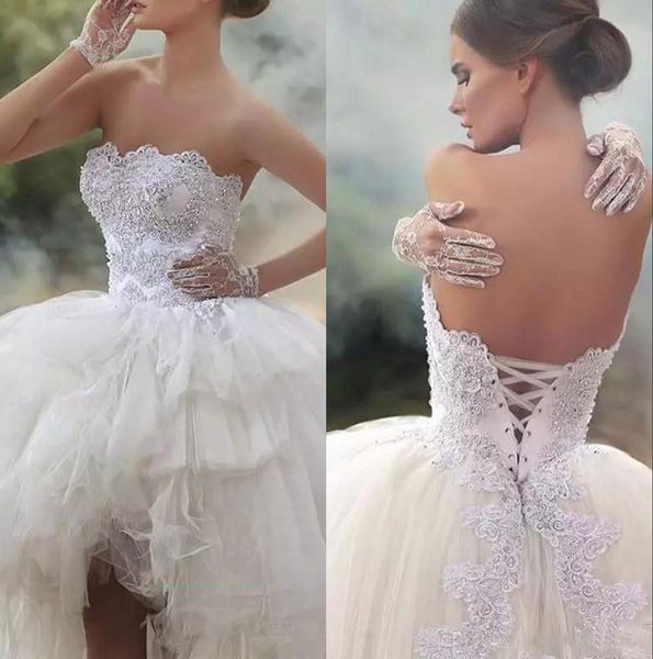

2018 Arabic Strapless Lace A Line Middles East Wedding Dresses Tulle Applique Beaded High Low Beach Boho Wedding Bridal Gowns With Lace up