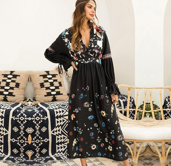

fashion woman women's clothing 2018 temperament new women's wear dress v-collar stitching printing long sleeves longuette wholesal, Black;gray
