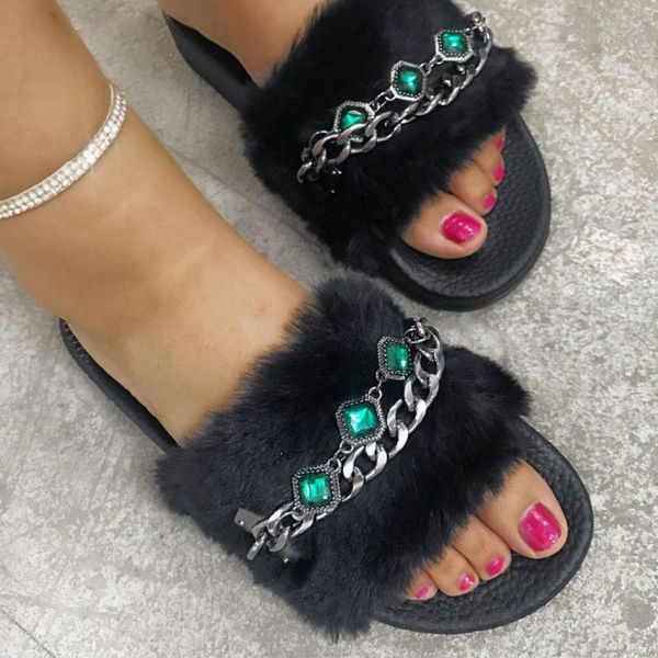 

women's rhinestone chain fur slippers women non-slip fluffy fur slippers women furry lady cute plush, Black