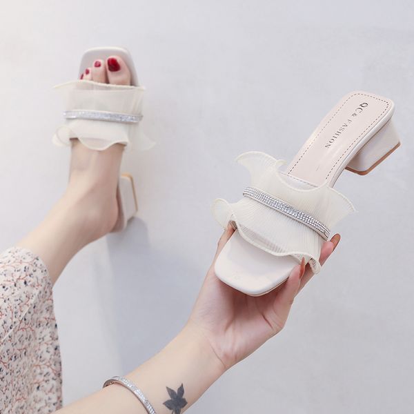 

slippers women summer shoes woman 2020 square heel pantofle med slides block new pu hoof heels rubber female, Black