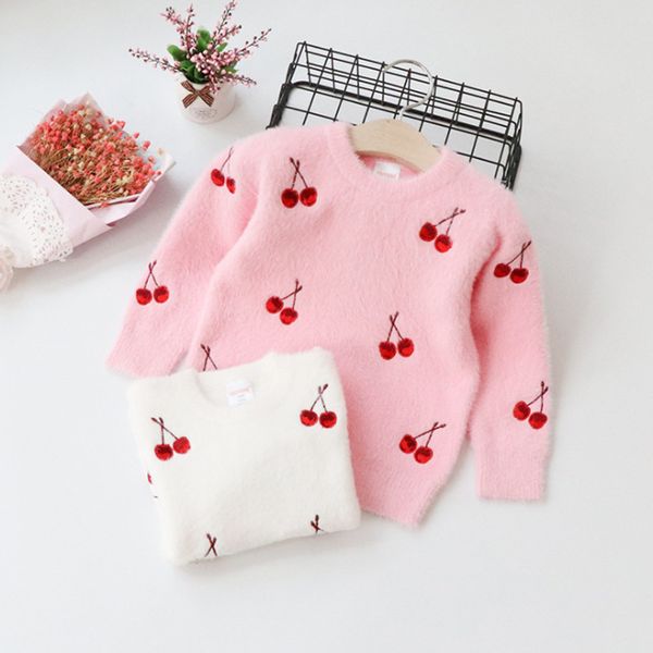 

2019 new autumn winter item girl sweet embroidery cherry sweaters two colors, Blue