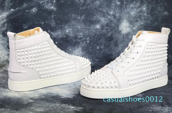 

22019 new red bottom luxury designer white leather & spikes flats casual shoes for men and women party lovers genuine leather sneakers c12, Black