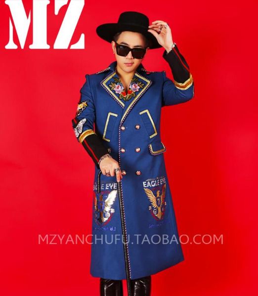 

gd bigbang мужчин певцы долго sytle вышивания орлиных костюмы dj ds stage одежды для мужчин тонкого износа костюма воротник шанца пальто муж, Tan;black