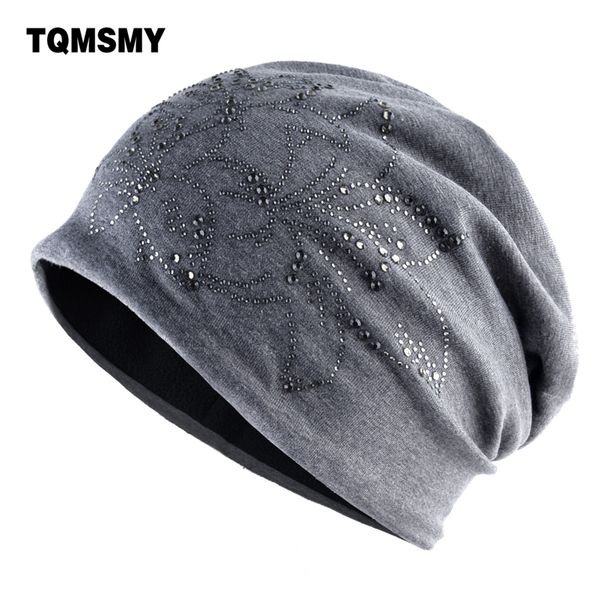 

fashion rhinestone flower beanies women autumn winter solid color hats ladies casual warm bonnet caps female skullies gorros, Blue;gray