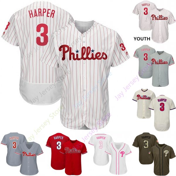 

2019 Philadelphia 3 Bryce Harper Jersey Phillies Jerseys Cool Base Flexbase Home Away White Black Red Grey Pullover Button Men Women Youth