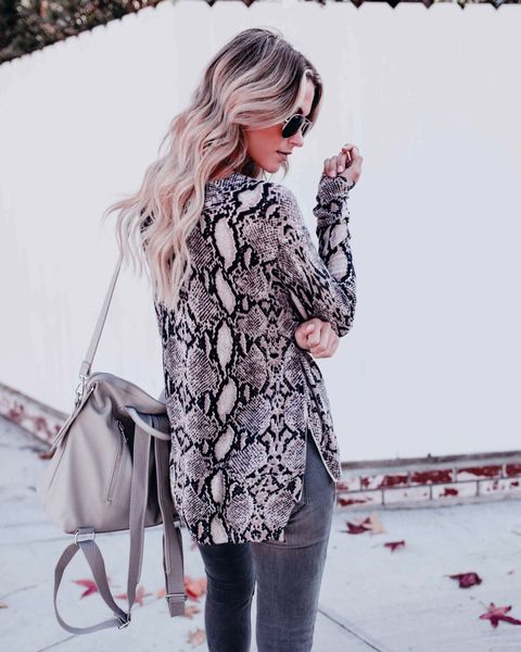 

women's t-shirt fashion casual new arrival 2019 print tshirts snake print womens round neck long sleeve tshirt s-xxl, White