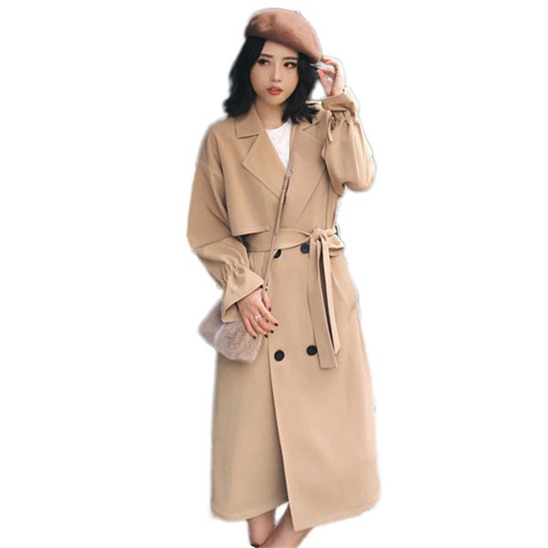 

2019 new windbreaker women spring large size elegant double-breasted medium long coat autumn casual fashion overcoat woman vs472, Tan;black
