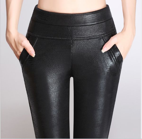 

2020 women plus size high waist crocodile pattern trousers black stretch pu leggings solid warm fleece leather pencil pant pv242, Black;white