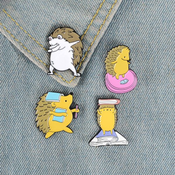 

hedgehog daily enamel pin dance weight scale reading book brooch bag clothes lapel pin badge fun animal jewelry gift kids friend, Gray