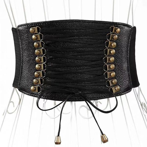 

woman retro elastic belt pu leather elastic belt wide tassel stretch waistband girdle cummerbund decoration dress, Black;brown