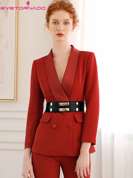 

women fashion double breasted notched work office blazer suit long sleeve pockets slim korean style basic solid blazers, White;black