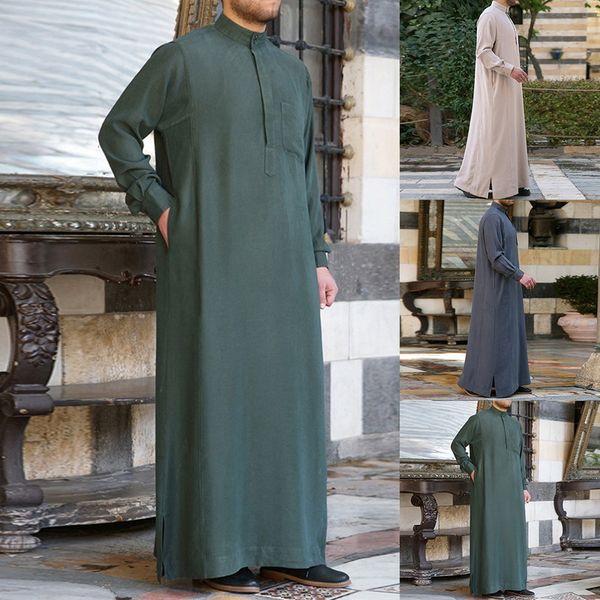 

2019 plus size 3xl men robes v-neck long sleeve solid color loungewear vintage men muslim arab islamic kaftan long shirt, White;black