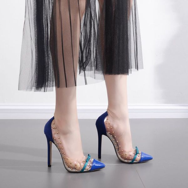 

2019 fashion new women's pumps classic transparent rivet shallow woman thin high heels pointy toe wedding shoes big size 41, Black