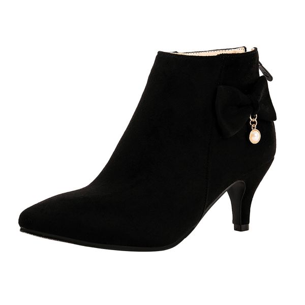

women's pointed boots bow stiletto booties back zipper bare boots ladies shoes scarpe donna elegante #l4, Black
