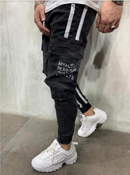 

solid color casual style men pencil pants slim mid waist male trousers striped men jeans, Blue