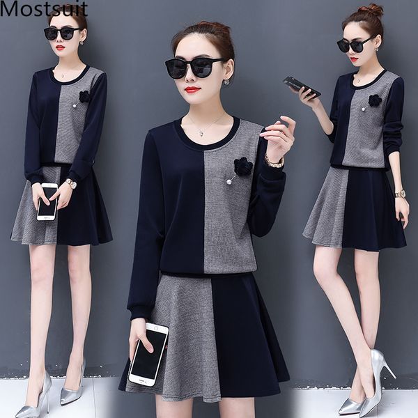 

5xl casual two piece sets women plus size spring long sleeve pullovers and a-line skirt sets suits elegant women's, White