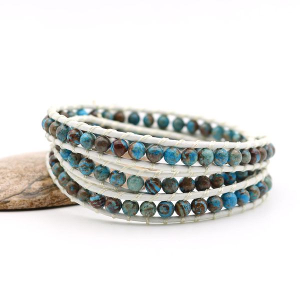 

new boho wrap bracelet natural stones blue stone beads 3 layers handmade leather bracelets gift drop shipping, Golden;silver