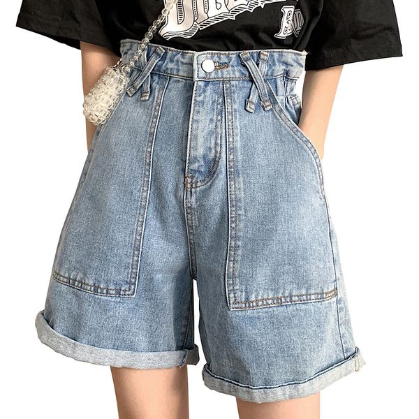 

fashion summer cotton thin knee length jeans women casual loose high waisted denim shorts all-match big pockets wide leg pants, Blue