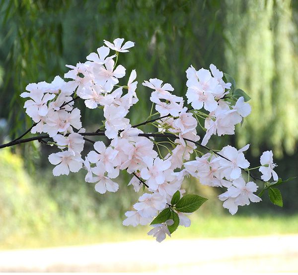 

wedding artificial flower cherry blossom branch 110 cm wedding decoration fake flower sakura 4 fork with green leaves home market decor