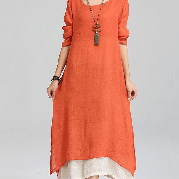 

vintage women dress summer cotton linen boho casual loose o neck long sleeve solid mid dress vestidos female plus size, Black;gray