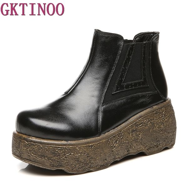 

2019 new wedges women boots fashion high-heeled platform ankle boots genuine leather high heels spring autumn shoes for women, Black