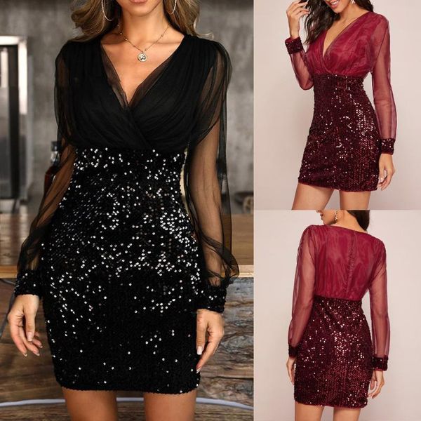 

2020 women party dresses fashion women v-neck mesh sleeve sequined patchwork casual elegant party dress vestidos, Black;gray