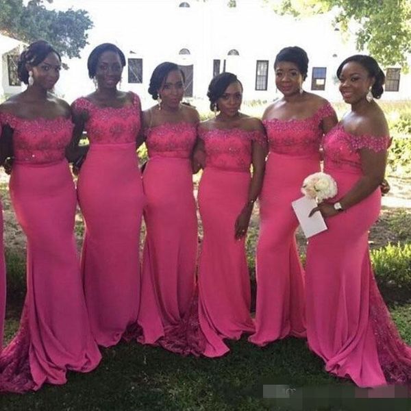 

2020 pink mermaid bridesmaid dresses off the shoulder lace applique beaded sweep train custom made african plus size maid of honor gown, White;pink