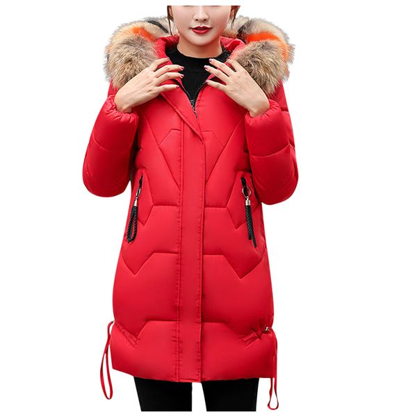 

fur hooded women winter down jacket cotton slim overcoat elegant casual long sleeve women coat parka plus size casaco feminino, Black
