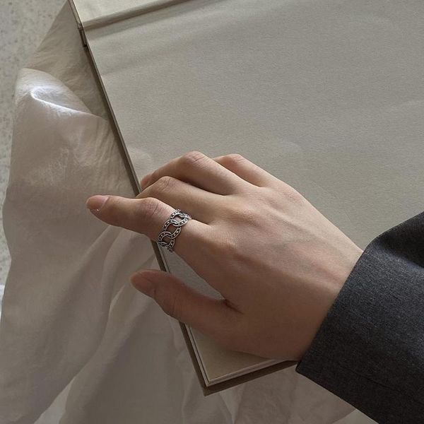 

ins retro authentic s925 sterling silver fine jewelry interlocking circle "n" chain adjust ring tlj841, Golden;silver