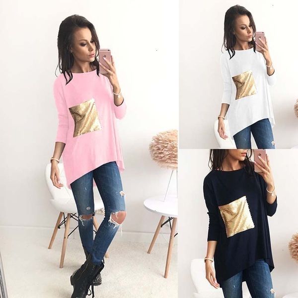 

plus women size blouse o neck long bottoming shirts sequined female blusa autumn asymmetric tunic regular shirt blouses lx101, White