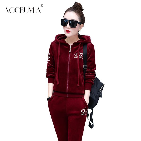 

voobuyla women sport suit fleece tracksuit winter thick warm fleece suit sweatshirt hoodies+pants running jogger leisure set 3xl, Black;blue
