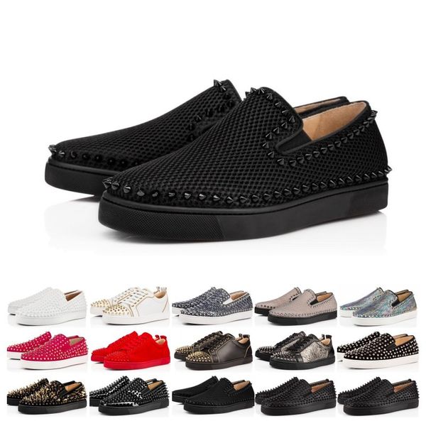 

new releases designer red bottoms shoes studded spikes flat sneakers men women glitter party lovers genuine leather casual rivet sneaker, Black