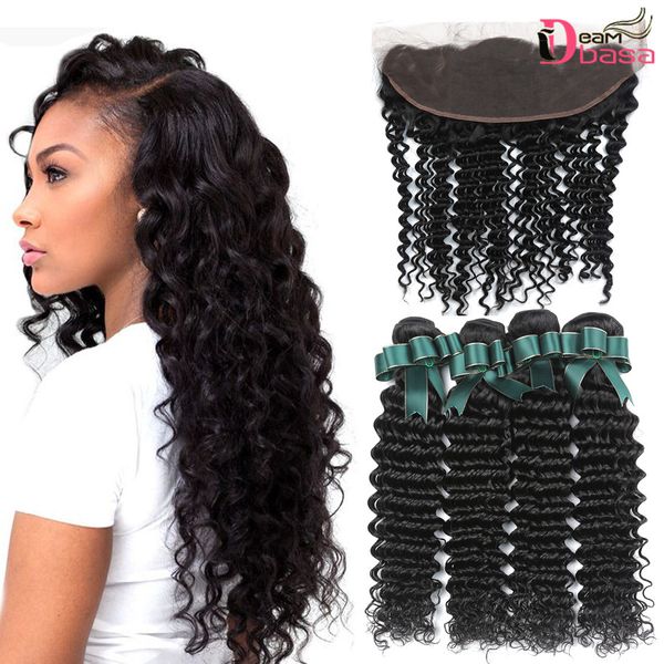 Brazilian Deep Wave Hair Bundles With 4x13 Lace Closure Peruvian Deep Wave Human Hair Weave Bundles Ear To Ear Lace Frontal Cheap Hair Wefts Cheap