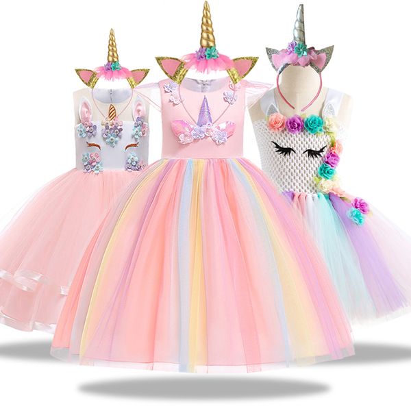 

new christmas lovly unicorn embroidery beading gauze princess party dress for children clothes 2-12 years tire, Red;yellow