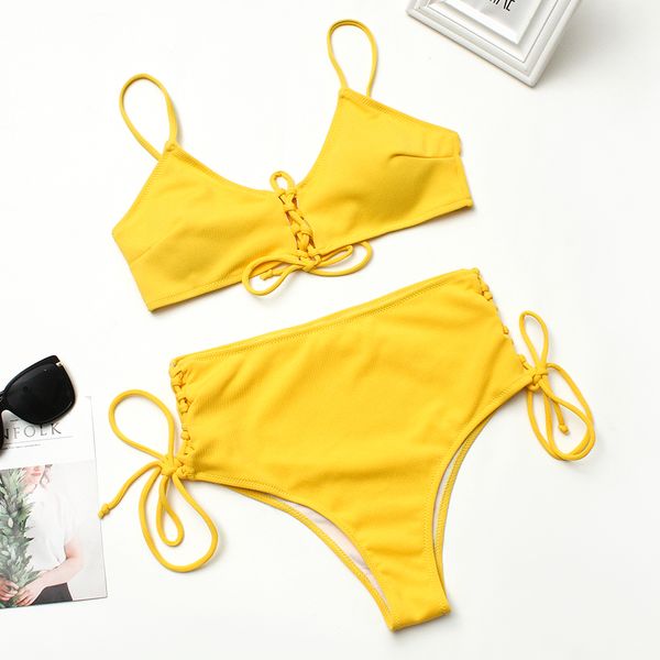 

qi dian 2019 high waist bikini women swimsuit push up swimwear knot bikini set summer beachwear biquini bathing suit solid, White;black