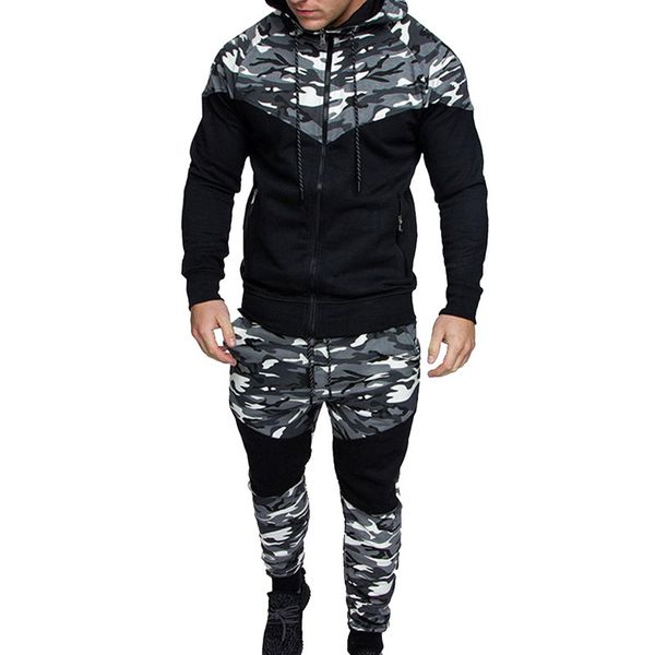 

2019 new autumn camouflage print men set causal patchwork jacket 2pcs tracksuit sportswear hoodies sweatshirt pants jogger suit, Gray